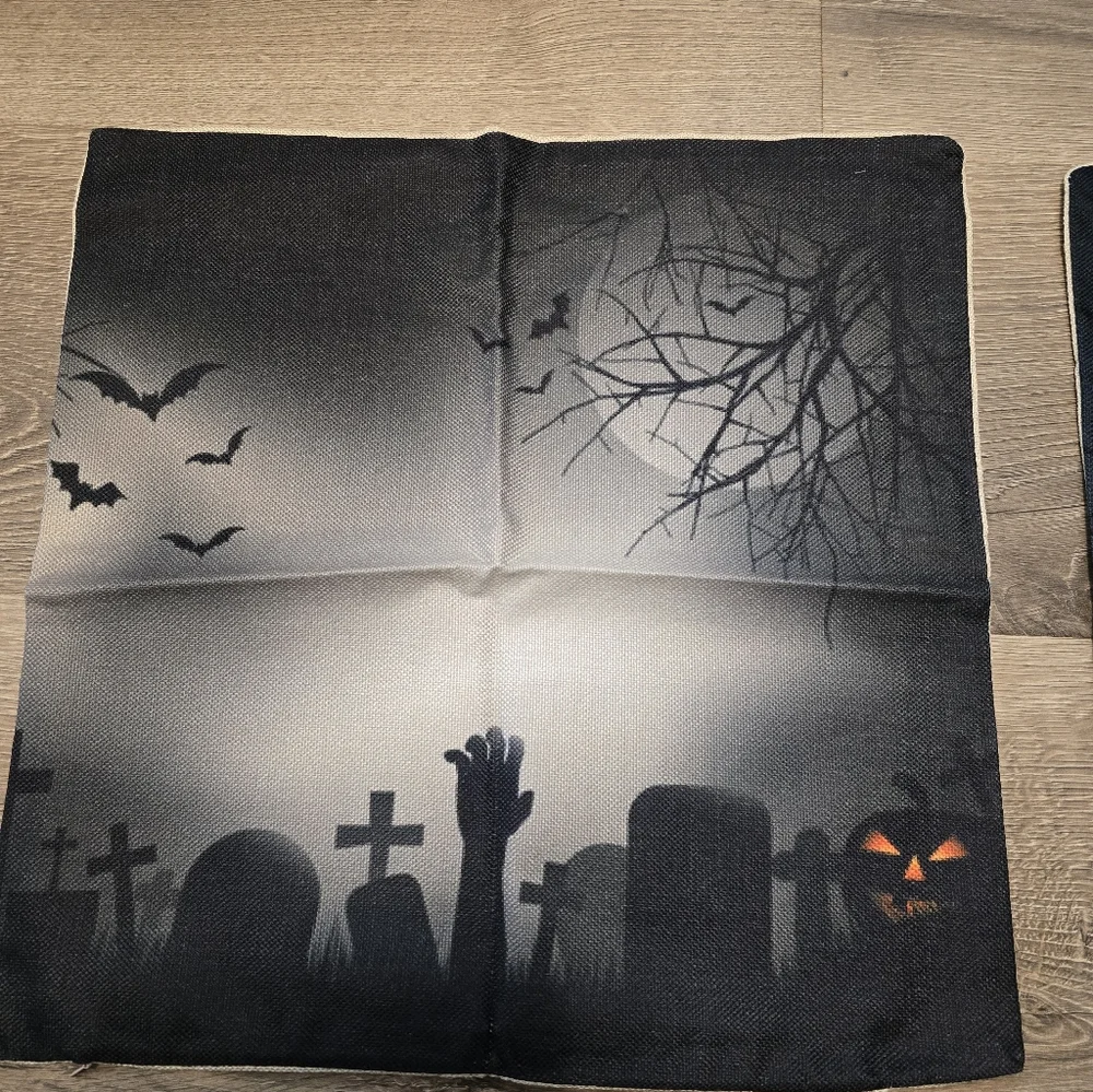 Set Of 2 Halloween Spooky Pillowcases Black Cat Moon Zombie Graveyard 17